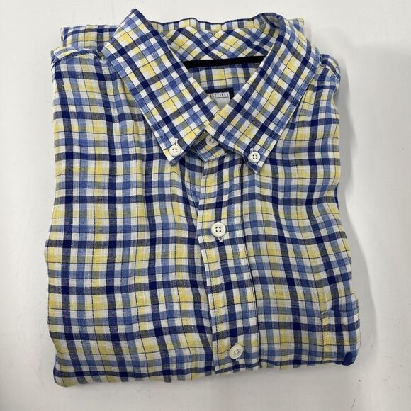 JOHNNIE-O Linen Button Down Shirt XL West Coast Prep Nautical Blue Plaid - Picture 9 of 10
